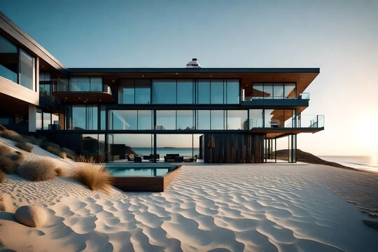 A contemporary beach house with large windows, capturing the essence of coastal living and ocean views.