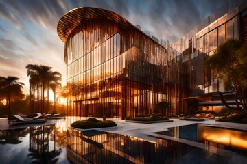Fototapeta na wymiar A breathtaking luxury hotel exterior at dawn, with the soft morning light casting a golden glow on its modern architecture and pristine landscaping.