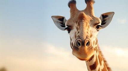 A close-up of the giraffe's head with its eyes focused on the camera