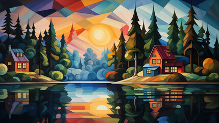 landcsape in cubism style, cottage, forest, lake, mistry, ai generated