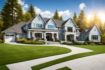 Fototapeta na wymiar Gorgeous, recently-built house exterior featuring a spacious three-car garage and a lush, green lawn illuminated by the sun on a clear day, adorned with a vibrant blue sky and scattered white