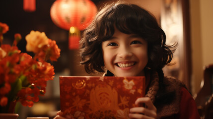 Naklejka premium Home portrait of an Asian girl with a gift, during a new year's celebration