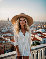 photo of beautiful woman with white cotton dress and sun hat and blonde hair at rooftop resident, generative AI