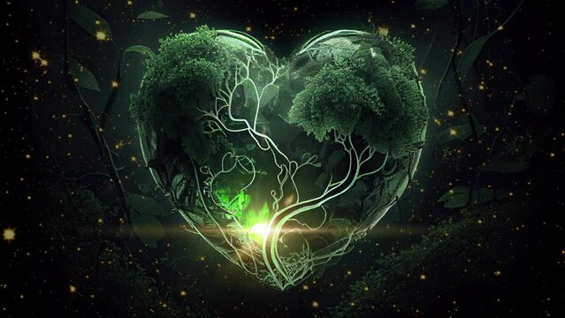 green planet concept - green tree heart with forest greenery around
