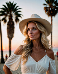 photo of beautiful woman with white cotton dress and cowboy hat and blonde hair at palm sand beach city street, generative AI