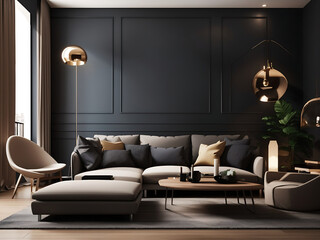 living room with modern interior design for the home against the background of a dark classic wall, 3D rendering