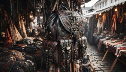 Gothic backpack in display at street market

