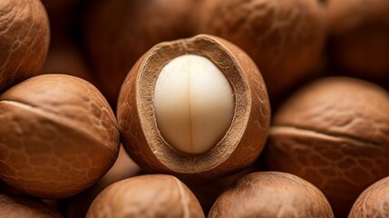 A close-up shot focusing on the details of a single macadamia nut, capturing its distinct round shape, the smooth surface, and the subtle variations in color.