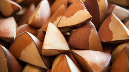 An image featuring a close-up view of a group of Brazil nuts, showcasing their distinctive triangular shape and smooth surface.
