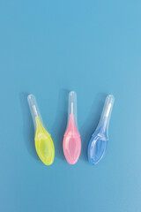 Template Colorful Dental Brushes Between Teeth Gum Braces on Blue Background, Interdental Brush...