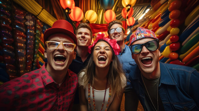 A group taking a fun photo at a carnival photo booth.