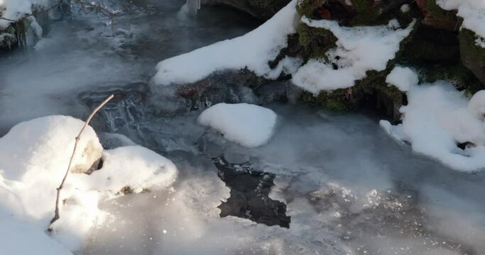 Close up on a frozen creek in a Swedish forest on the Omberg Mountain