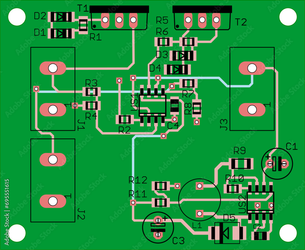 Poster vector printed circuit board of an electronic device with components of radio elements, conductors, 