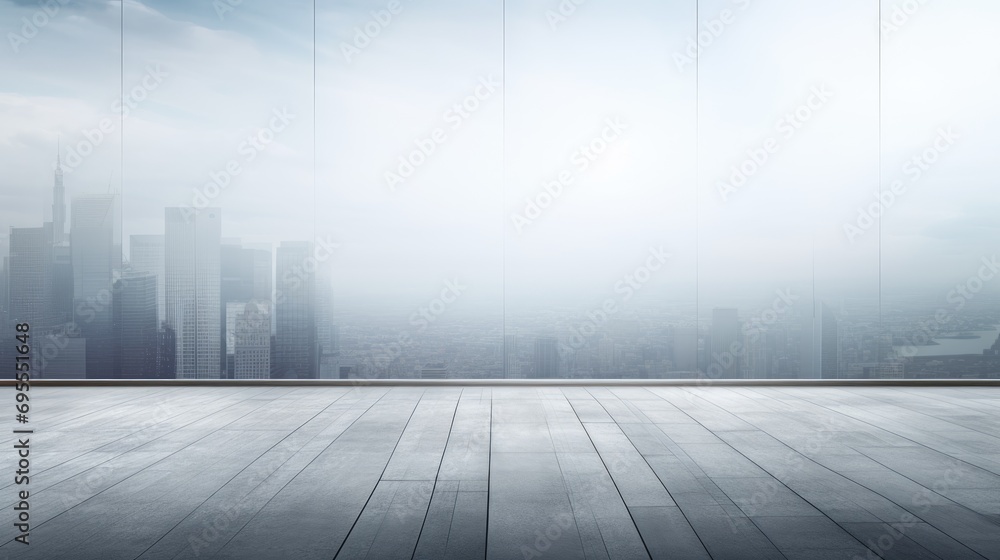 Poster a large empty room with a view of a cityscape.
