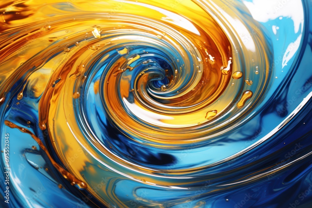 Poster a close up view of a blue and yellow swirl with water droplets on the bottom and bottom of the swirl