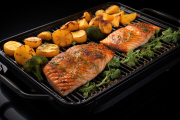  a close up of food on a grill with broccoli and potatoes on a black surface with a black back ground with a black surface with a black background.