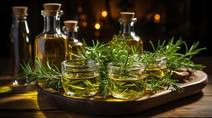 Obraz na płótnie Canvas a wooden tray topped with glasses filled with olive oil and a sprig of rosemary next to a bottle of olive oil and a bottle of olive oil on a wooden table.