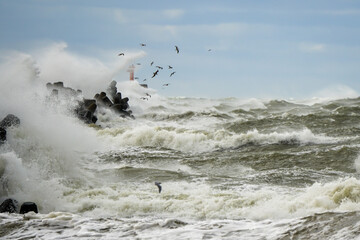 Coastal storm, high waves crashing against the concrete breakwaters of the port with white splashes