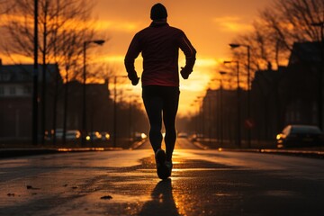  a man running down a street in the rain with the sun setting in the back ground and trees in the foreground and buildings on the other side of the road.