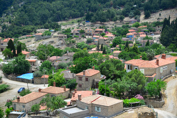 Fototapeta na wymiar The historical Adatepe Village, located in Canakkale, Turkey, attracts attention with its old houses, mosque and fountain built during the Ottoman period. It is an important tourism region.