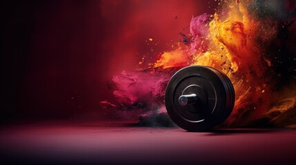 A black barbell with colorful powder on it in a dark room, AI - obrazy, fototapety, plakaty
