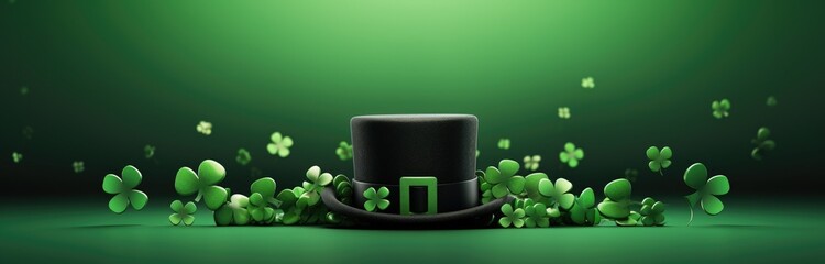 Black hat with clover on green background, St. Patrick's Day holiday concept - obrazy, fototapety, plakaty