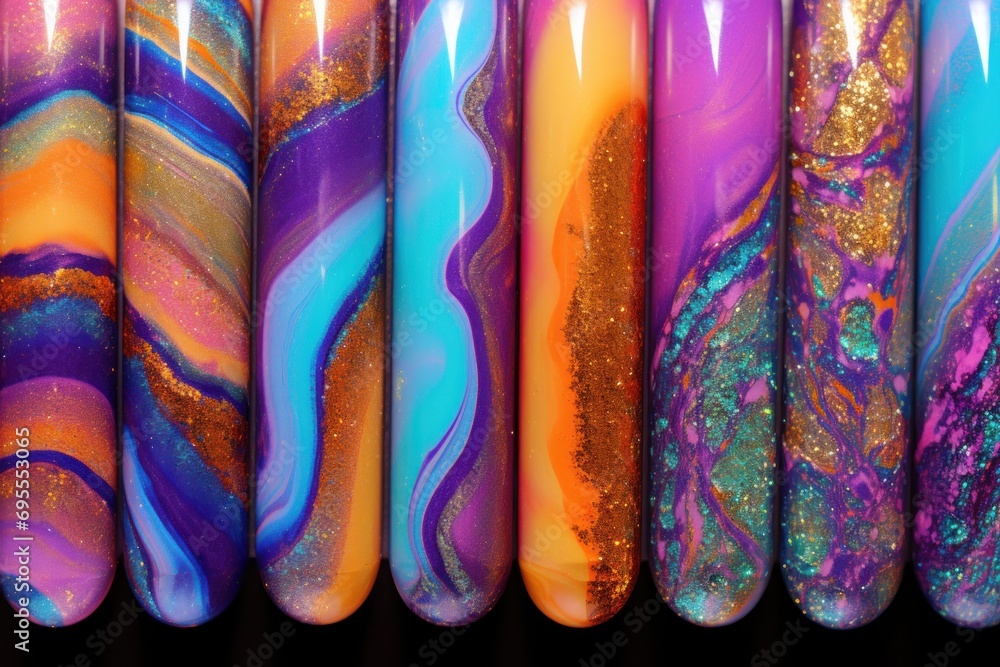 Poster a close up of a number of different types of skateboards with different colors of paint and glitter 