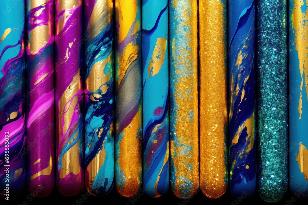 Poster a close up of a row of different colored pencils with paint splattered on the top and bottom of the 