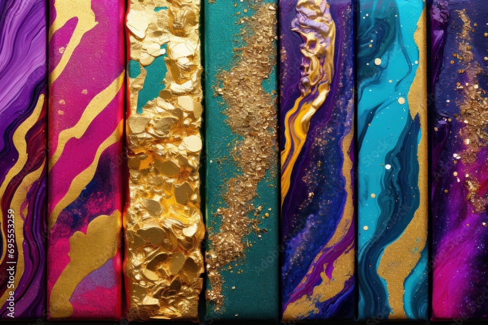 Poster a close up of a number of different colors of paint with gold flecks and flecks of glitter on top of