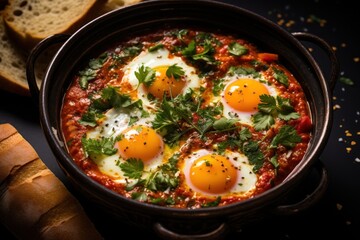  three fried eggs in a tomato sauce and parsley on top of a piece of bread with parsley on top of the egg in a cast iron skillet pan.