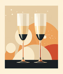 Two glasses of champagne, vintage style illustration