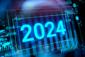 New 2024 year digits with reflection. Concept of new year, annual plan, growth strategy, business planning, investment trends and strategy road map.