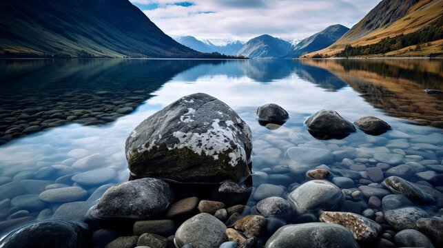 A stunning picture of stunning rocks in the turquoise water of a lake with hills in the background.