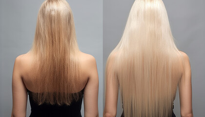 Blonde hair transformation: from dull and unruly to smooth, shiny, and voluminous. generative ai