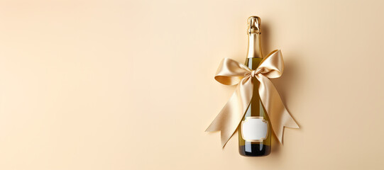 Generative AI, Beige champagne bottle mockup with bow on beige background