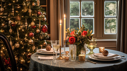 Festive date night tablescape idea, dinner table setting for two and Christmas, New Year, Valentines day decor, English country home styling