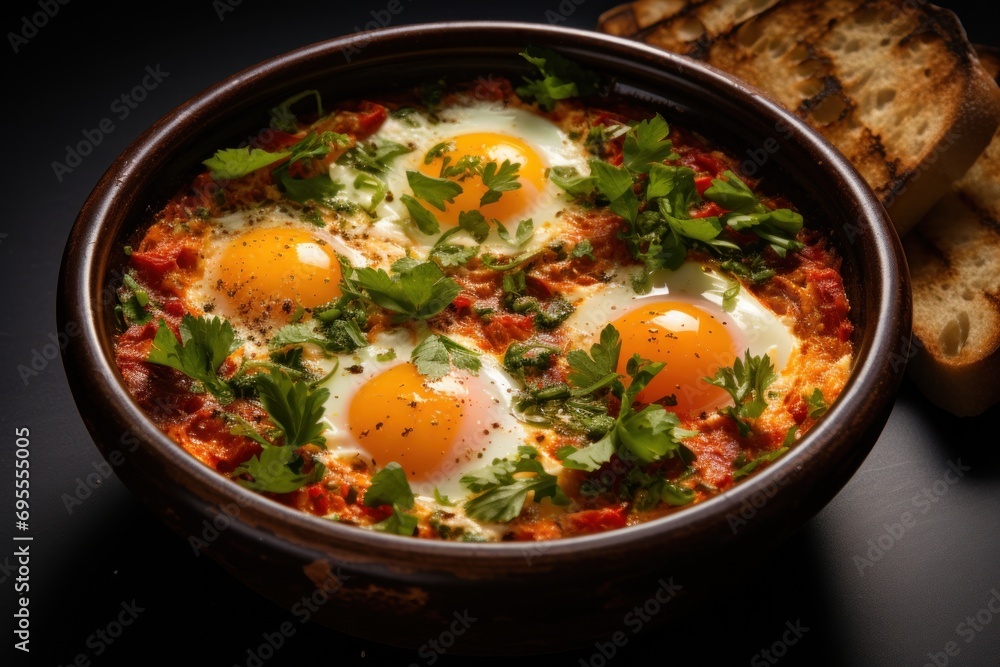 Poster  a bowl of food with eggs on top of it next to a slice of bread on a black surface with a slice of bread on the side of the bowl.