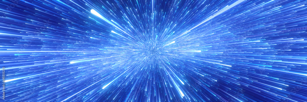 Poster abstract background in blue neon glow color. speed of light in galaxy. explosion in universe. space 