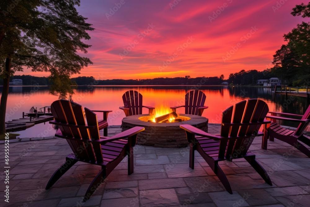 Poster a fire pit in the middle of a patio with chairs around it and a fire pit in the middle of the patio 