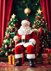 A little doll-like Santa Claus stands near the Christmas tree with toys