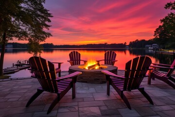  a fire pit in the middle of a patio with chairs around it and a fire pit in the middle of the patio with chairs around it and a fire pit in the middle.