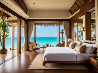 Luxury interior hotel room in the tropical country with sea view Design. - obrazy, fototapety, plakaty