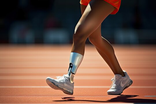 Parasport. woman para athlete on prosthetic leg running track stadium, para athletics championships