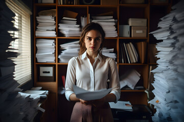 Femme tenant un document dans ses mains dans un bureau - obrazy, fototapety, plakaty
