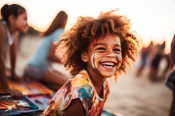 Enfant métis riant aux éclats sur la plage lors d'une activité peinture