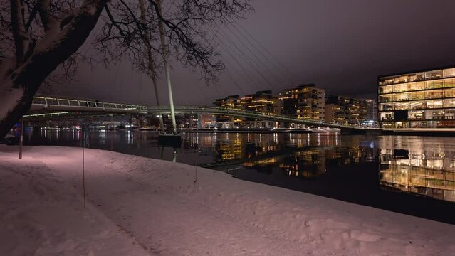 Drammen city, Norway. The river is called Drammenselva, and the bridge is called Ypsilon.  The city's library is located on the right side of the river.