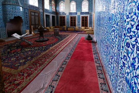 Istanbul, Turkey. December 17 2023. New Mosque Hunkar Kasri. European Union Prize for Cultural Heritage. 17th century H&uuml;nk&acirc;r Pavilion with rare examples of mother-of-pearl, bronze plaster and ornament