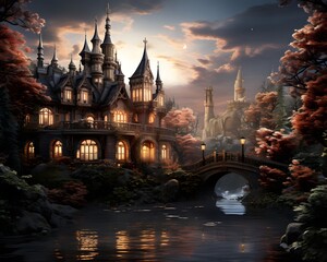 Fototapeta na wymiar Beautiful fantasy landscape with fantasy castle and bridge. Digital painting.