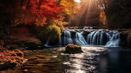 During autumn, there is a waterfall in the national park forest that is both colorful and majestic.