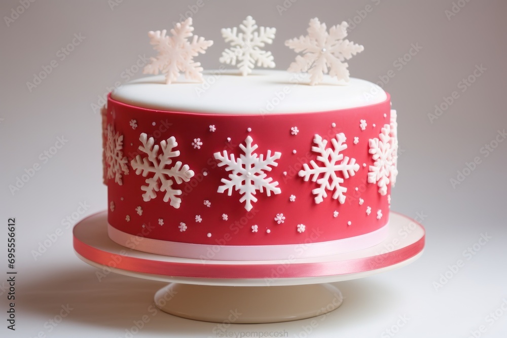 Poster  a red and white frosted cake with snowflakes on the frosting and icing on the top of the cake and on the bottom of the cake stand.